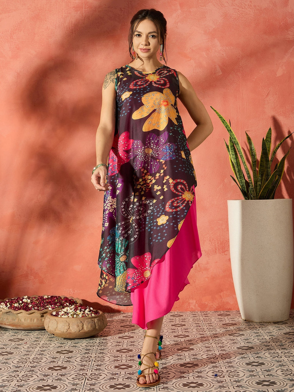 InWeave Black Floral Fuchsia Asymmetrical Dress | Grocsy