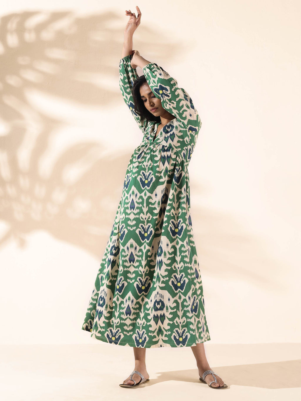 trueBrowns Green Cotton Ikat Flared Dress | Grocsy