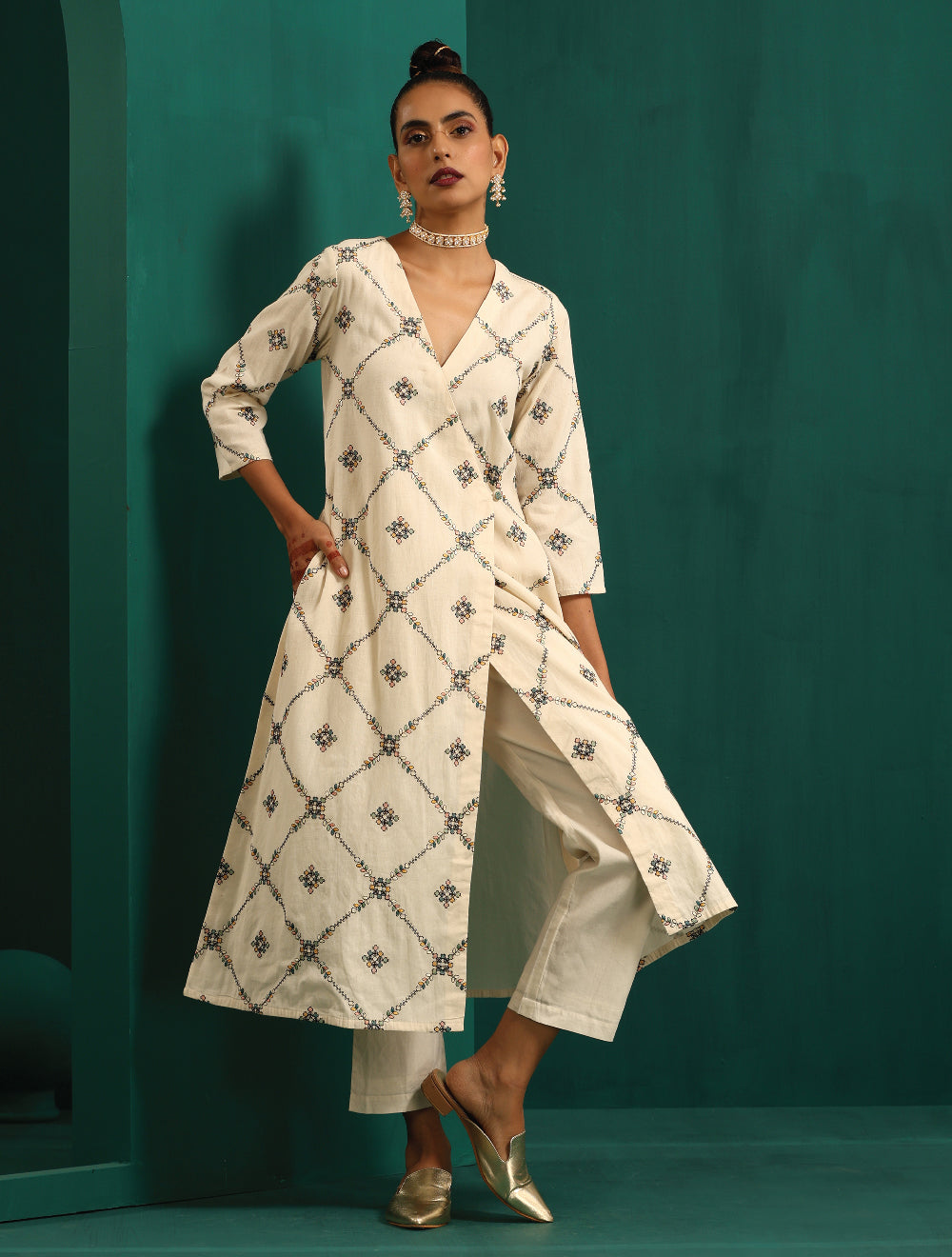 trueBrowns Ivory Rhombus Cotton Angrakha Kurta Pant Set | Grocsy
