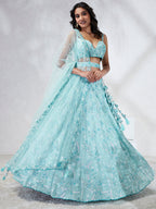 House of Panchhi Turquoise Blue Georgette Sequins And Thread Embroidery Lehenga Choli & Dupatta | Grocsy