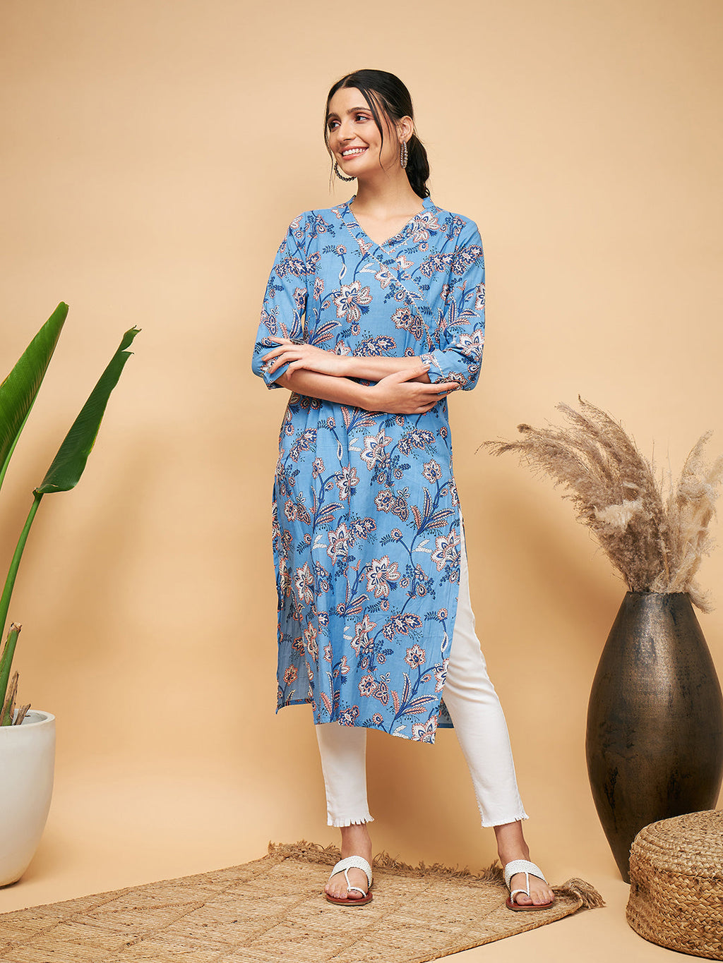 InWeave Women's Skyblue Pink Floral Angrakha Straight Kurta | Grocsy