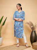 InWeave Women's Skyblue Pink Floral Angrakha Straight Kurta | Grocsy
