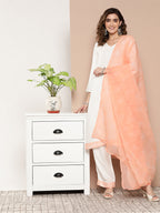 InWeave Women's Cream Straight Kurta Set W Peach White Print Organza Dupatta | Grocsy