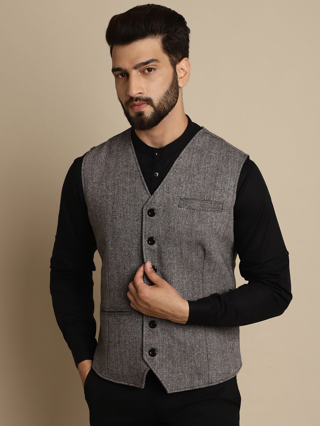 Even Apparels Men's Black Woolen Waistcoat with welt pockets | Grocsy