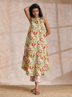 trueBrowns Yellow Overall Floral Block Print Cotton Sleeveless Kurta Pant Set | Grocsy