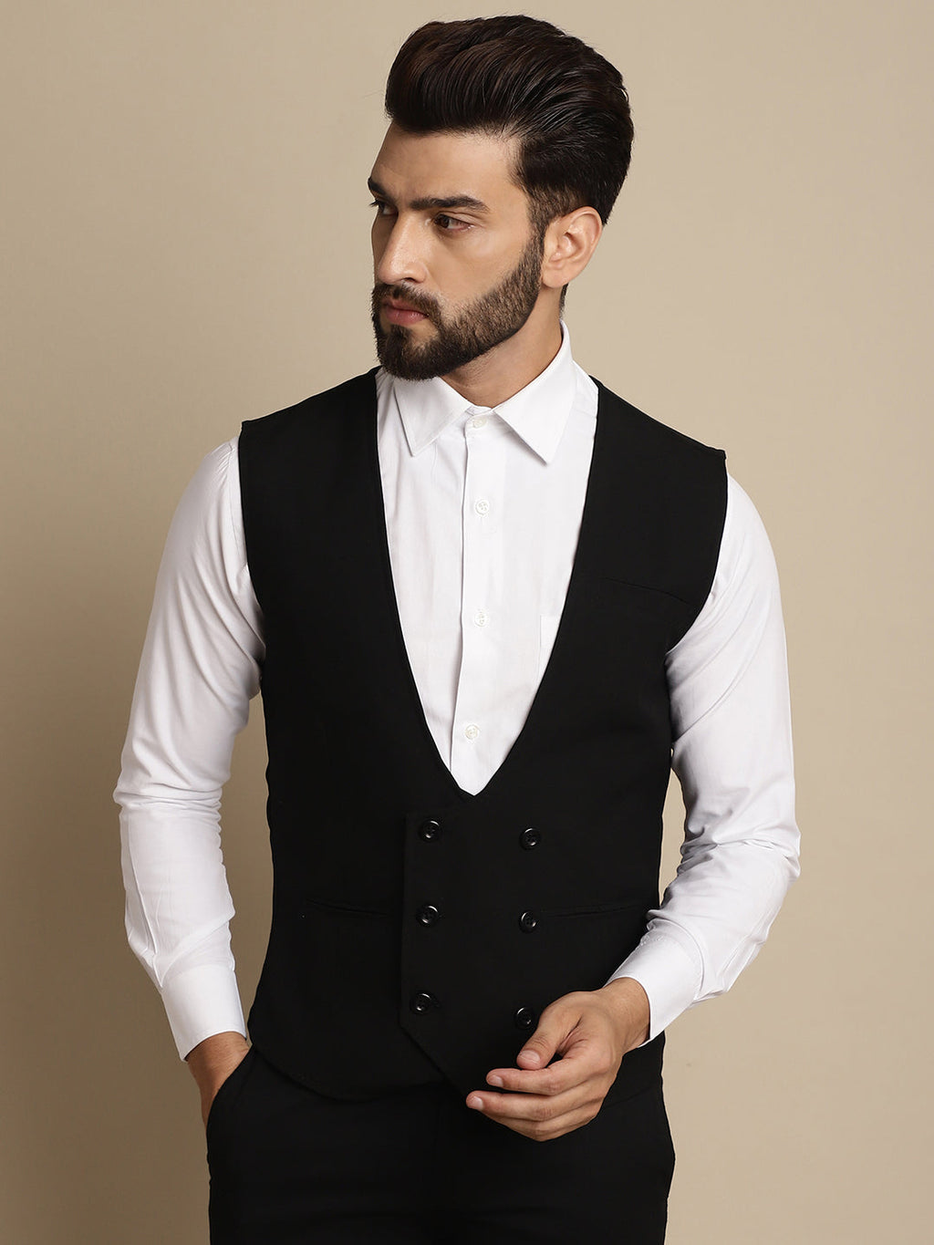 Even Apparels Men's Black Double Breast Waistcoat | Grocsy