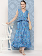 InWeave Women's Sapphire Blue Floral Paisley Print Long Frill Dress | Grocsy