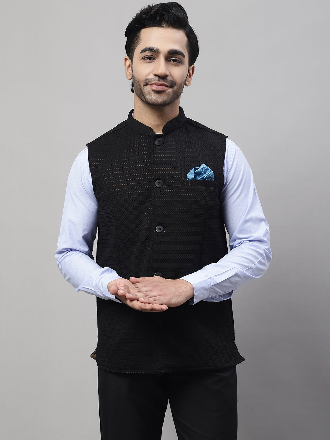 Even Apparels Men's Black Nehru Jacket With Welt Pockets | Grocsy