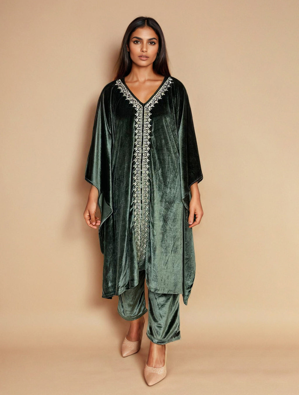 trueBrowns Olive Green Velvet Embroidered Kaftan Kurta Set | Grocsy