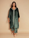 trueBrowns Olive Green Velvet Embroidered Kaftan Kurta Set | Grocsy