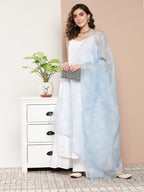 InWeave Women's Cream Strappy With Blue White Chintz Organza Dupatta | Grocsy