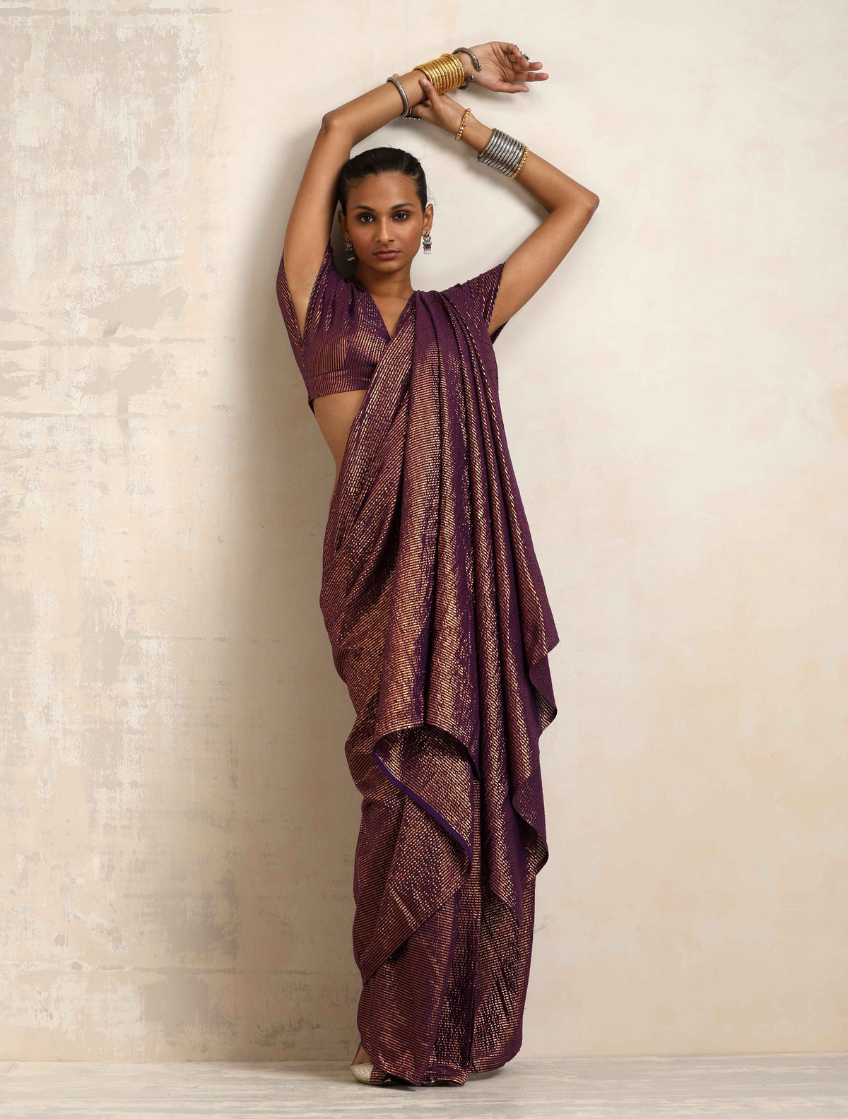 trueBrowns Purple Gold Metallic Ready To Wear Saree | Grocsy