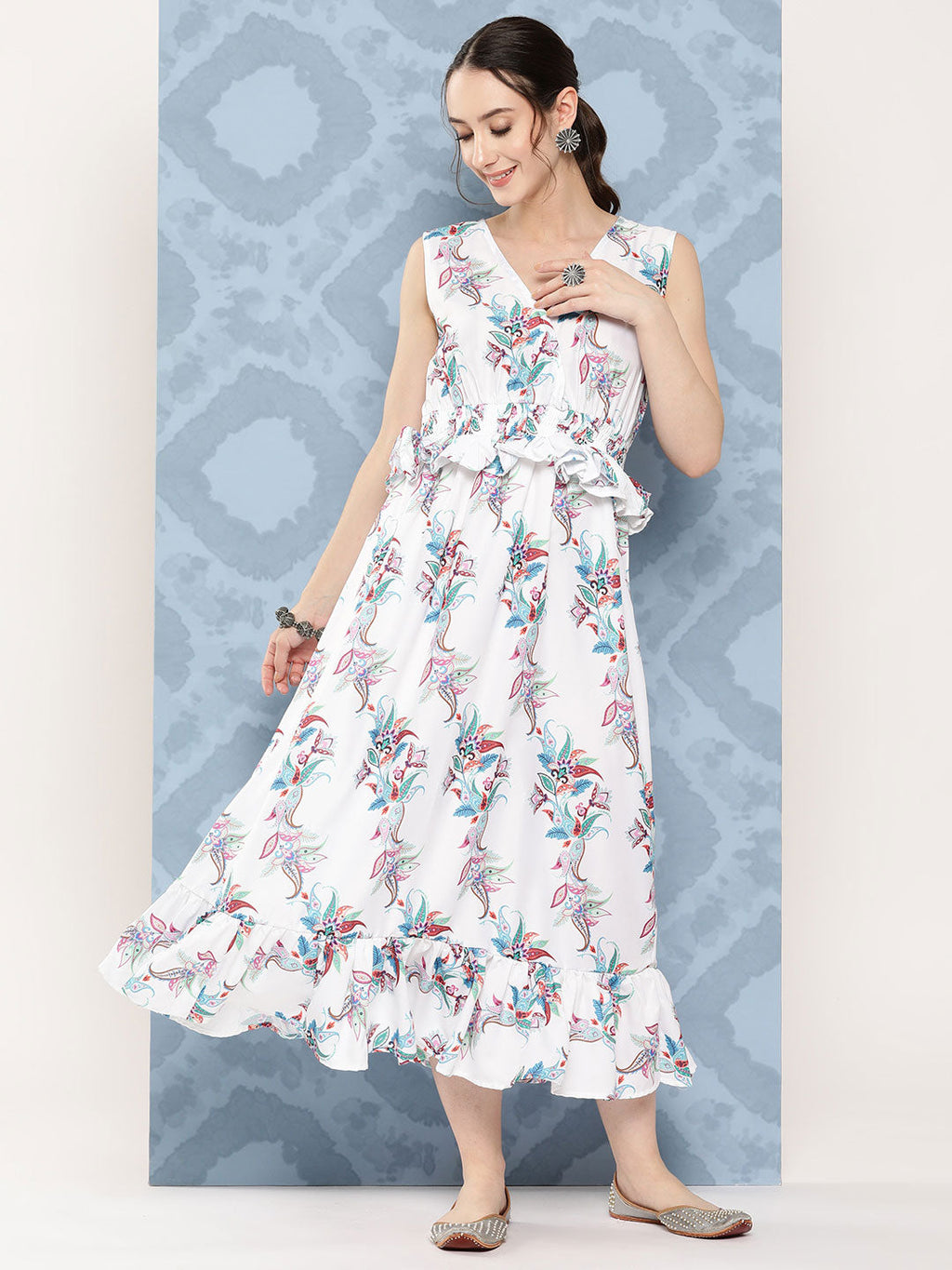 InWeave Women's White Floral Paisley Print Long Frill Dress | Grocsy