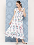 InWeave Women's White Floral Paisley Print Long Frill Dress | Grocsy