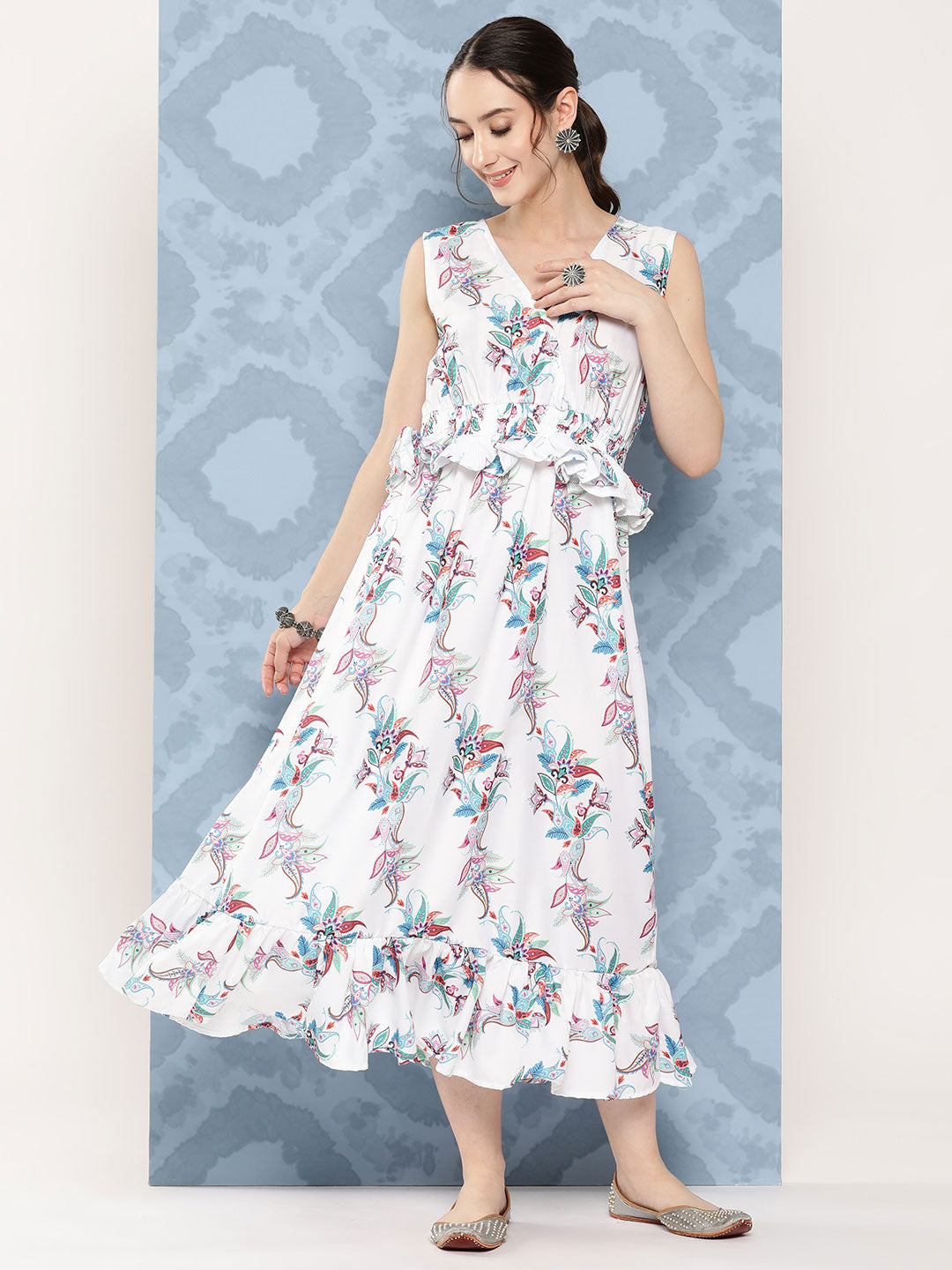 InWeave Women's White Floral Paisley Print Long Frill Dress | Grocsy
