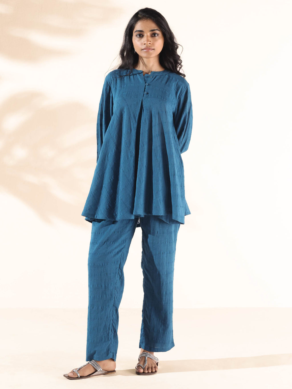 trueBrowns Blue Cotton Dobby Yoke Co-ord Set | Grocsy