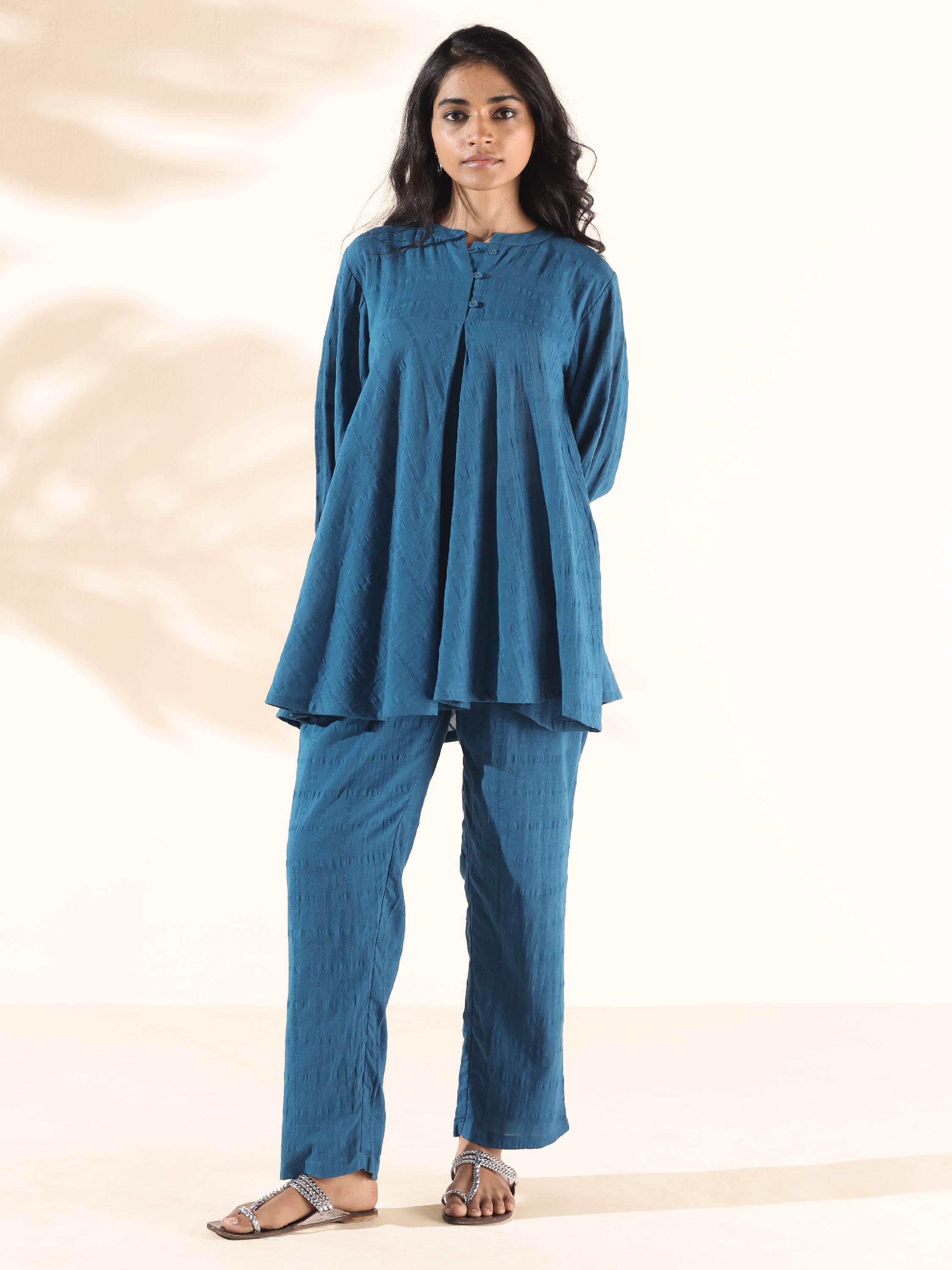 trueBrowns Blue Cotton Dobby Yoke Co-ord Set | Grocsy