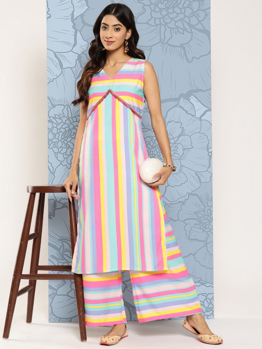 Ahalyaa Striped Empire Gotta Patti Kurta With Palazzos | Grocsy