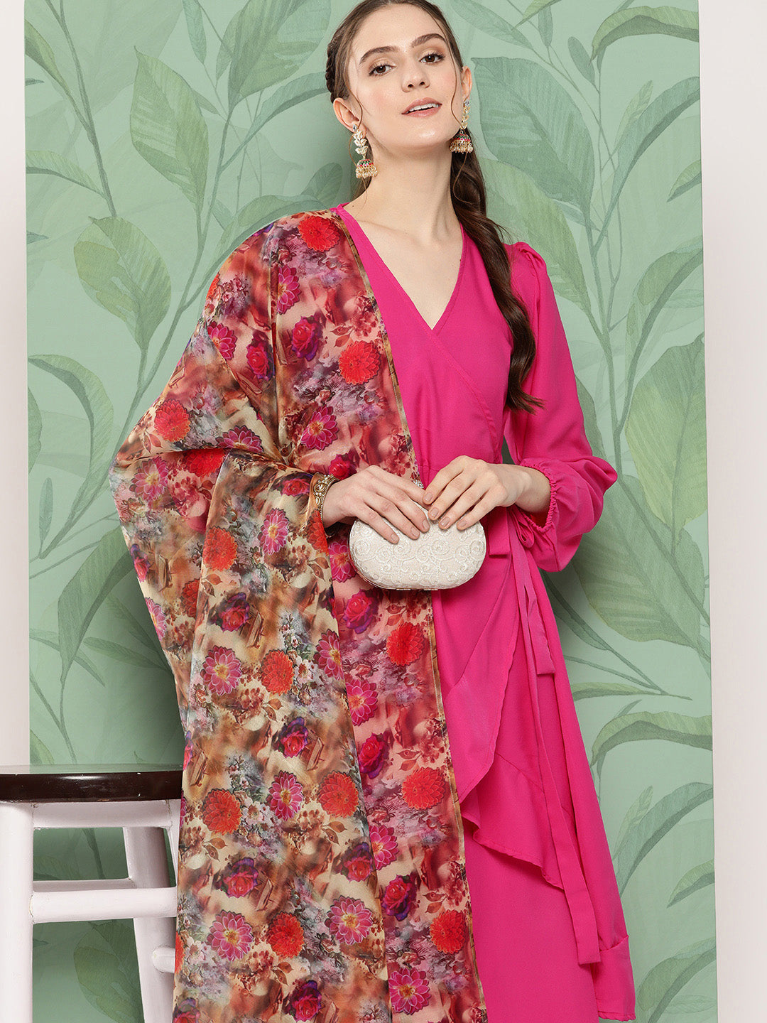 InWeave Women's Magenta Tie Up Kurta Set W Camel Brown Or Dupatta | Grocsy