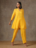 trueBrowns Yellow Bandhani Flare Printed Silk Co-Ord Set | Grocsy