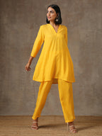trueBrowns Yellow Bandhani Flare Printed Silk Co-Ord Set | Grocsy