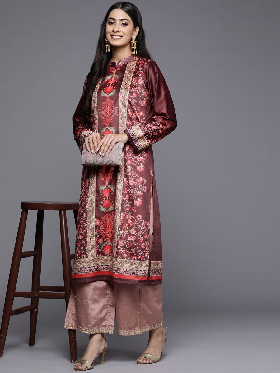 Ahalyaa Women Burgundy & Golden Floral Printed Gotta Patti Floral Velvet Kurta | Grocsy