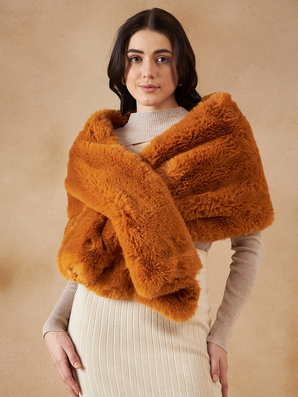 InWeave Women's Carrot Orange Long Faux Fur Cape | Grocsy