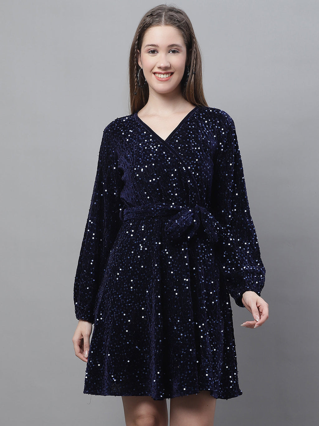 Jainish Women's WoSequin Velvet A-line dress - Navy Blue | Grocsy