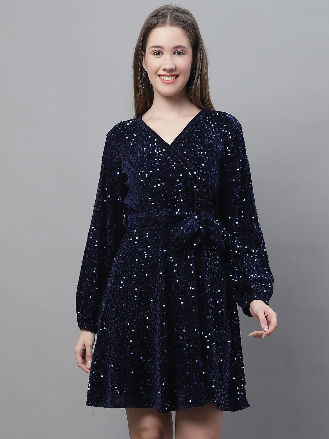 Jainish Women's WoSequin Velvet A-line dress - Navy Blue | Grocsy