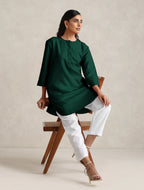 trueBrowns Dark Green Cotton Blend Short Kurta | Grocsy