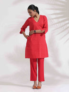 trueBrowns Red Cotton Print Kurta Co-ord Set | Grocsy