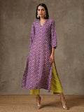 trueBrowns Purple White Lehariya Printed Silk kurta Pant Set | Grocsy