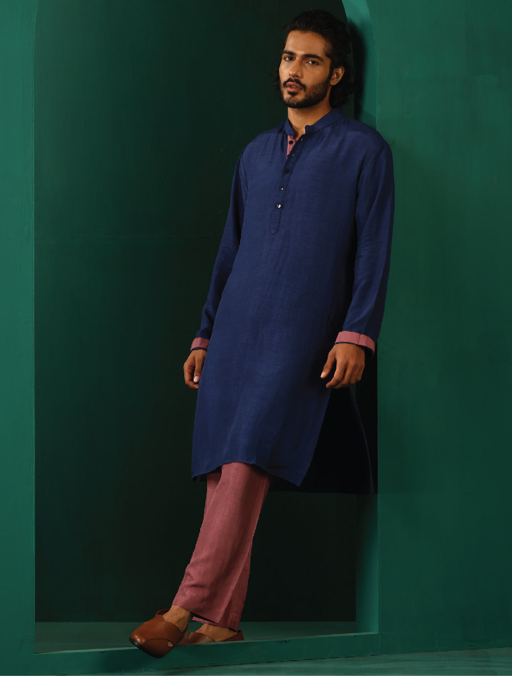 trueBrowns Men's Blue Silk Long Kurta | Grocsy