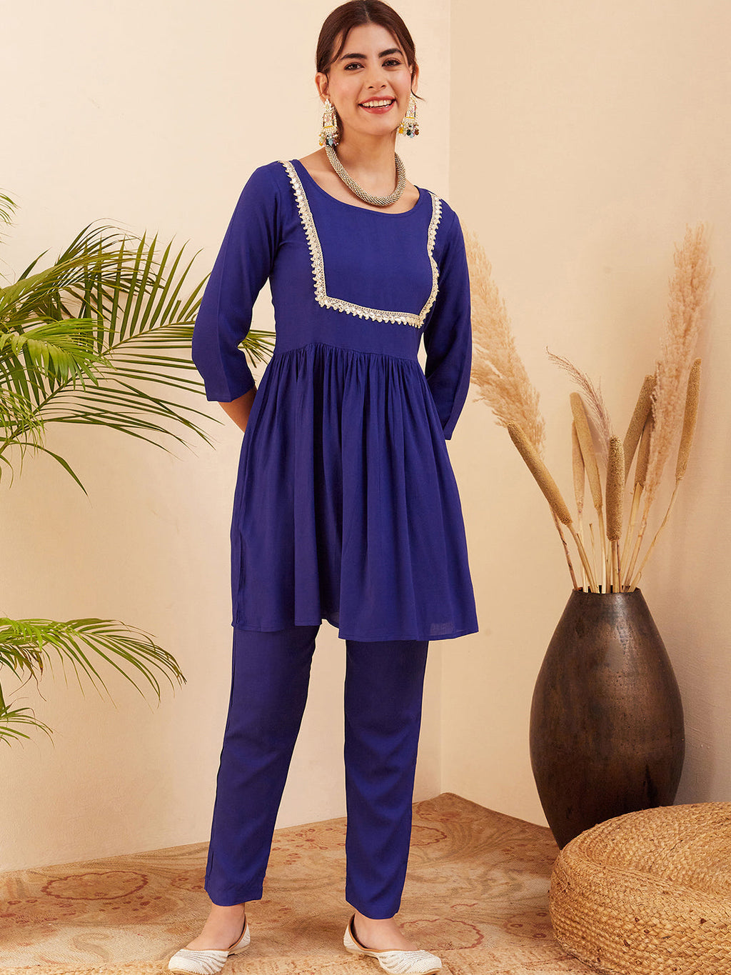 InWeave Women's Blue Round Neck Square Gota Work Kurta Pant Set | Grocsy