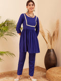 InWeave Women's Blue Round Neck Square Gota Work Kurta Pant Set | Grocsy