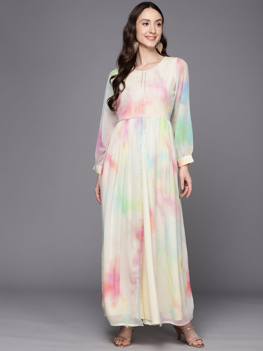 Ahalyaa Abstract Printed Gotta Patti Puff Sleeves Chiffon Maxi Ethnic Dress | Grocsy