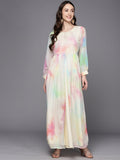 Ahalyaa Abstract Printed Gotta Patti Puff Sleeves Chiffon Maxi Ethnic Dress | Grocsy