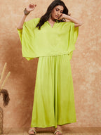 InWeave Women's Lime Green Solid Collar Neck Boho Top Bottom Set | Grocsy