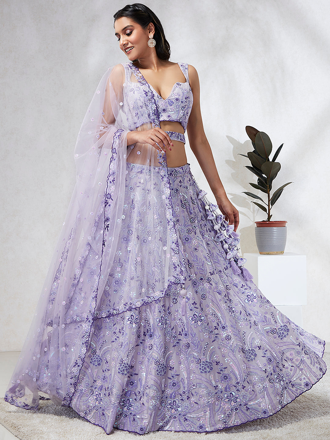 House of Panchhi Lavender Georgette Sequins And Thread Embroidery Lehenga Choli & Dupatta | Grocsy