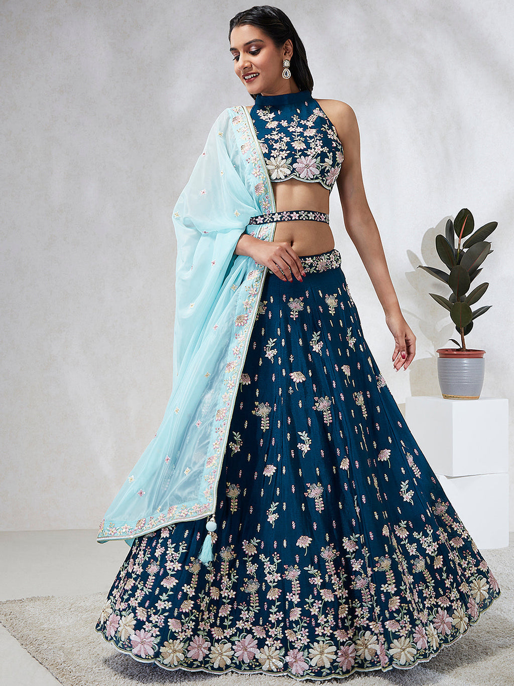 House of Panchhi Teal Pure Georgette Sequins And Thread Embroidery Lehenga Choli & Dupatta | Grocsy