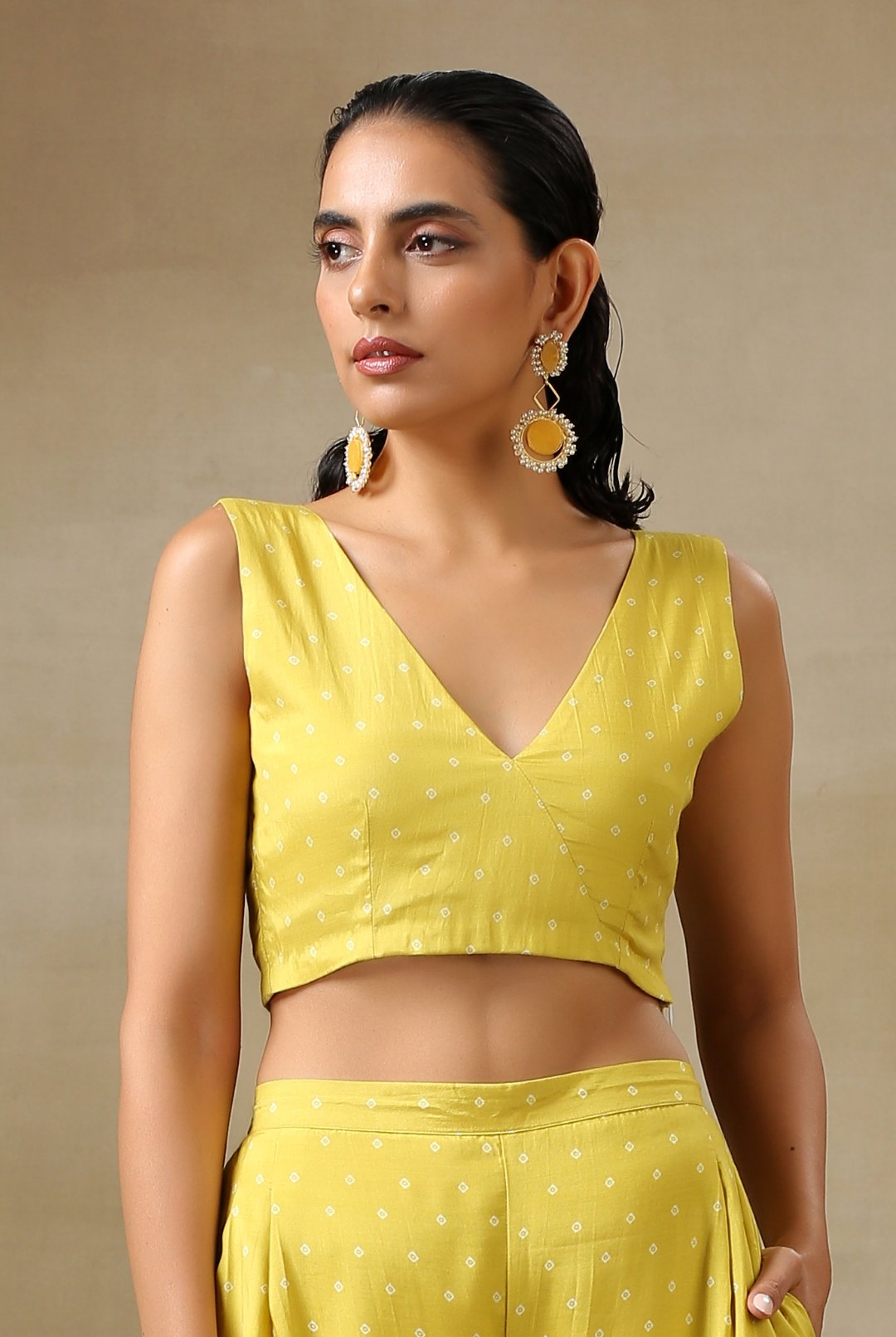 trueBrowns Lime Green Bandhani Printed Silk Sleeveless Blouse | Grocsy