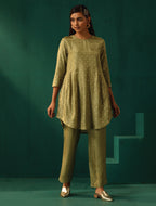 trueBrowns Green Square Viscose Silk Side Gathered Co-ord Set | Grocsy