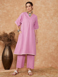 InWeave Women's Mauve Kantha Lace Wrok Kimono Sleeve Kurta Set | Grocsy