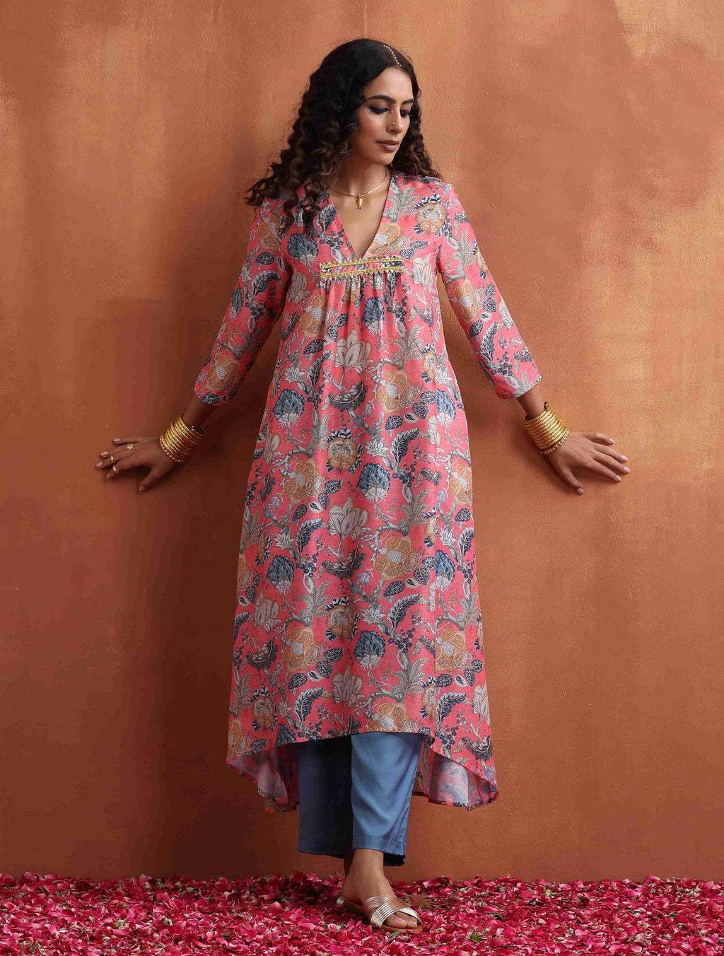 trueBrowns Orange Print A-line Kurta Set | Grocsy