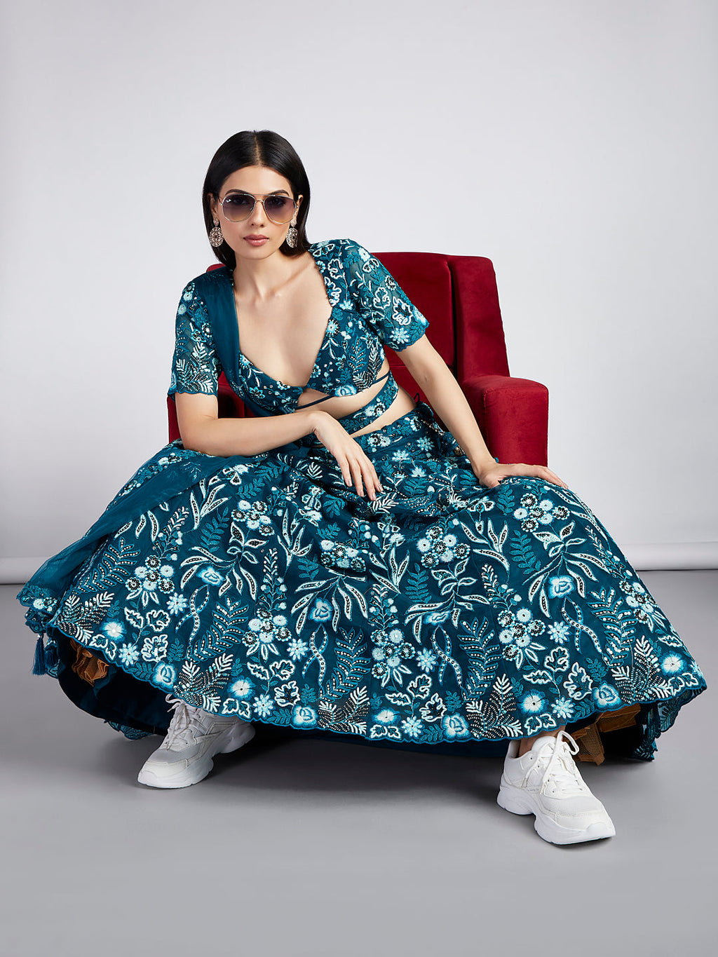 House of Panchhi Teal Net Sequins, Mirror And Thread Embroidery Lehenga Choli & Dupatta | Grocsy