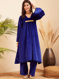 InWeave Women's Royal Blue V Neck Asymmetrical Pleated Velvet Kurta Set | Grocsy