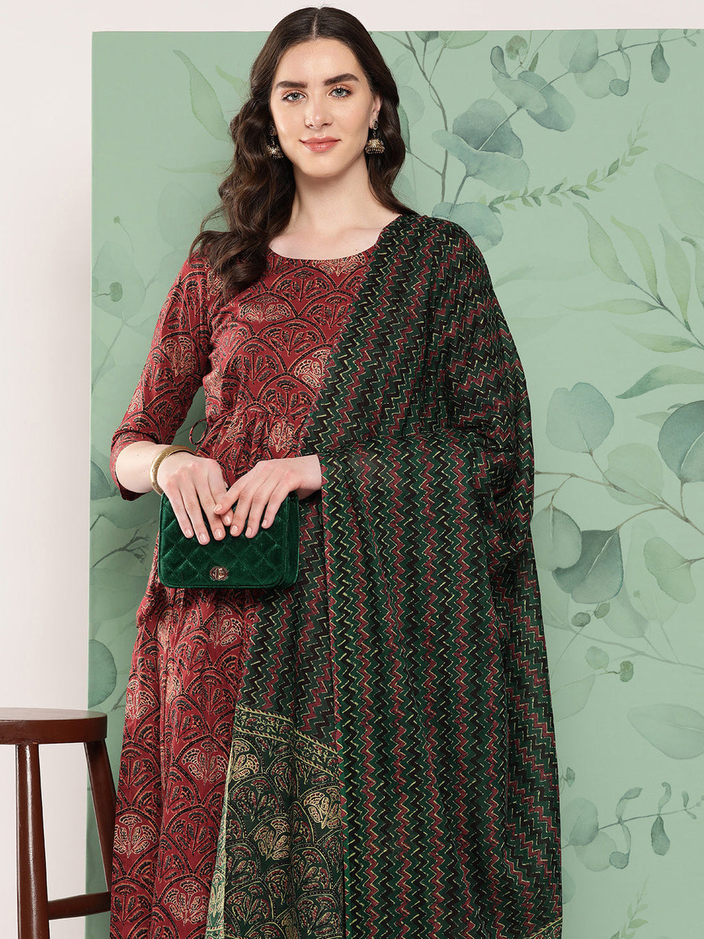 InWeave Women's Long Kurta Set Rust Ajrakh With Green Ajrakh Dupatta | Grocsy