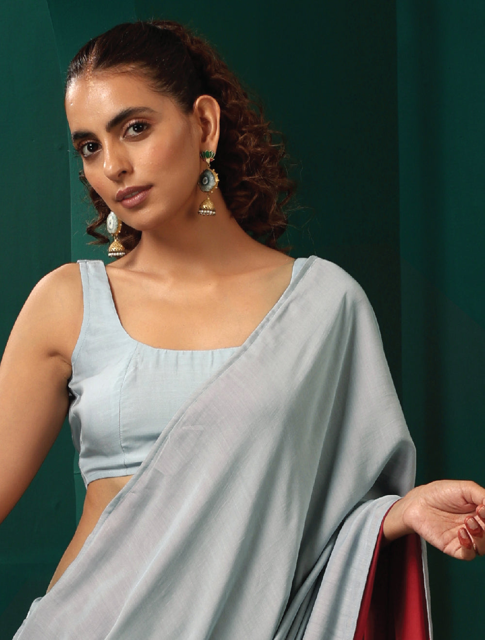 trueBrowns Powder Blue Muslin Silk Scoop Neck Sleeveless Blouse | Grocsy