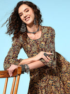 InWeave Women's Brown Kalamkari Print Short Dress | Grocsy