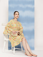 InWeave Women's Yellow Orange Ikkat Print Short Dress | Grocsy